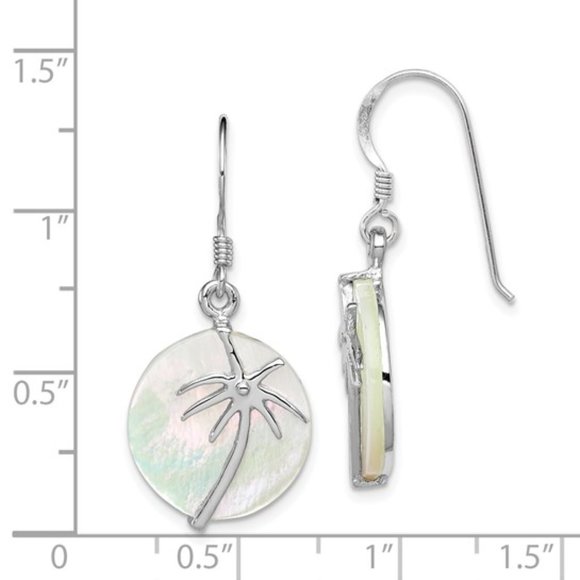 Sterling Silver Mother of Pearl Tropical Palm Tree Round Dangle Drop Earrings - Picture 2 of 5